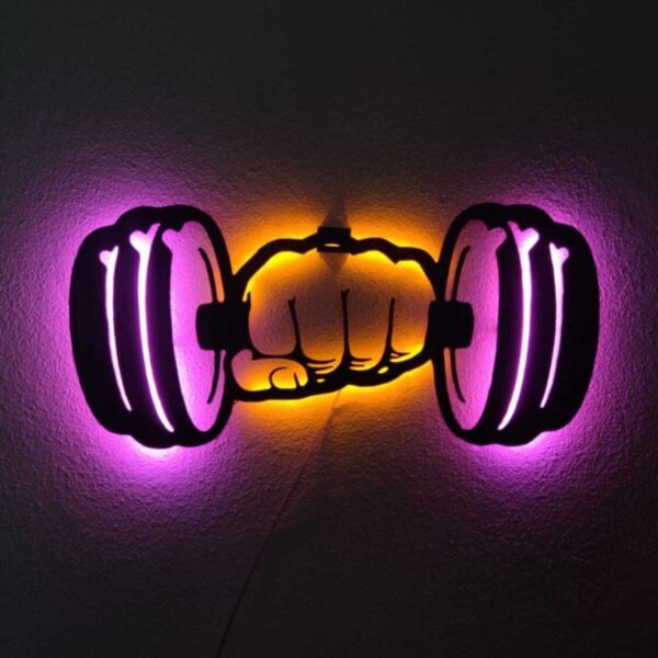 Dumbell Led Işıklı Ahşap Duvar Tablosu