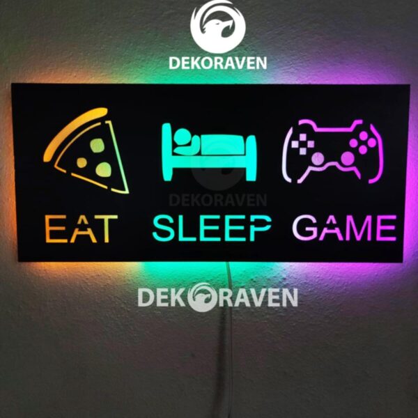 Gamer Led Işıklı Ahşap Tablo - Eat Sleep Game