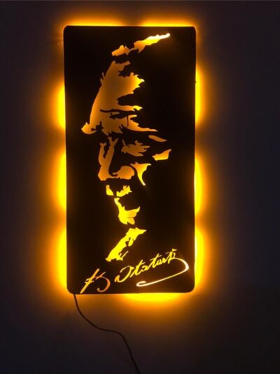 Atatürk - Ledli - Siyah Ahşap Tablo - 54x27