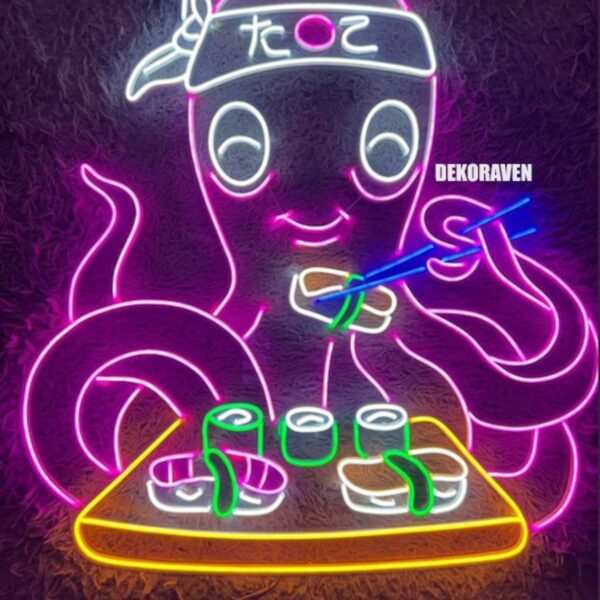 Sushi Yiyen Ahtapot Neon Led Tabela Dekoratif Aydınlatma