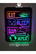 Gamer Led Işıklı Ahşap Tablo -eat Sleep Game Repeat 80x75 Cm (2 Metre Kablolu)