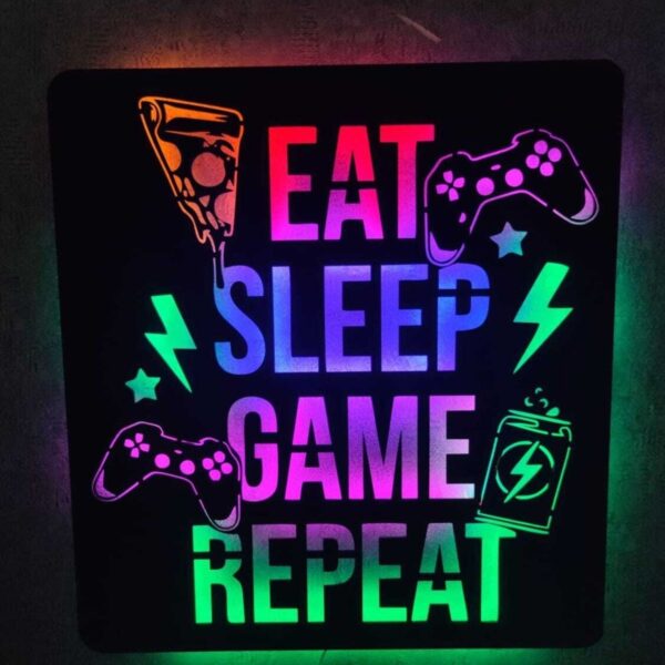 Gamer Led Işıklı Ahşap Tablo - Eat Sleep Game Repeat