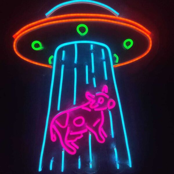 Ufo Inek Neon Tabela Kafe Dükkan Neon Led Dekorasyon Ufo'da Inek Dekoratif Aydınlatma Gece Lambası