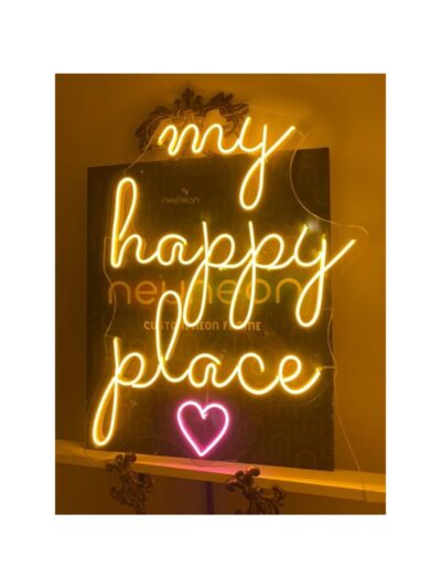 Neon Led Dekoratif Duvar Yazısı Tablo My Happy Place Kalpli 60x60cm