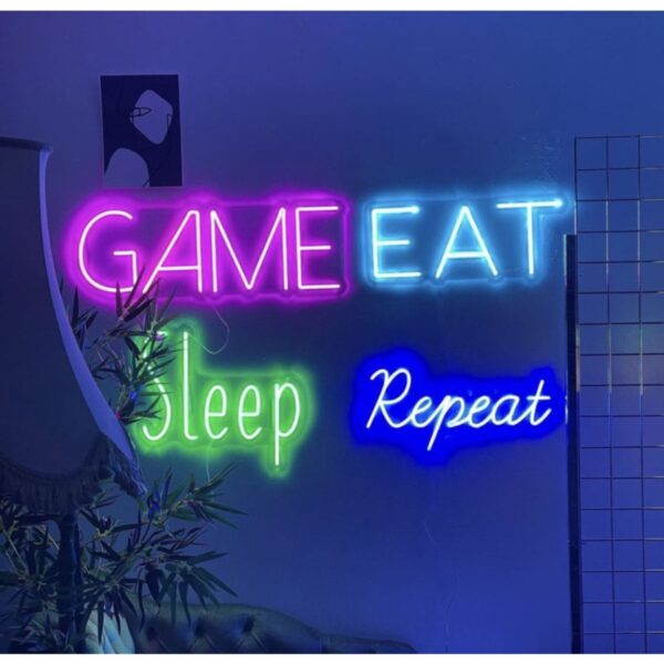Neon Led Dekoratif Duvar Yazısı Tablo Game Eat Sleep Repeat 46x70cm