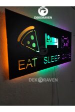 Gamer Led Işıklı Ahşap Tablo - Eat Sleep Game - Görsel 2