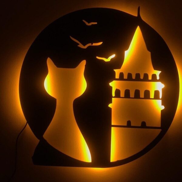 Galata & Kedi - Ledli - Siyah Ahşap Tablo - 51x51