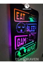 Gamer Led Işıklı Ahşap Tablo -eat Sleep Game Repeat 80x75 Cm (2 Metre Kablolu) - Görsel 2