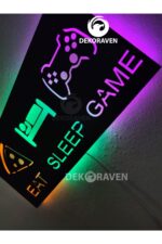 Gamer Led Işıklı Ahşap Tablo - Eat Sleep Game - Görsel 4