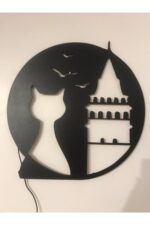 Galata & Kedi - Ledli - Siyah Ahşap Tablo - 51x51 - Görsel 3