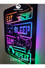 Gamer Led Işıklı Ahşap Tablo -eat Sleep Game Repeat 80x75 Cm (2 Metre Kablolu) - Görsel 3