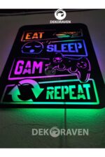 Gamer Led Işıklı Ahşap Tablo -eat Sleep Game Repeat 80x75 Cm (2 Metre Kablolu) - Görsel 4