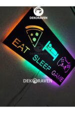 Gamer Led Işıklı Ahşap Tablo - Eat Sleep Game - Görsel 5