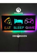 Gamer Led Işıklı Ahşap Tablo - Eat Sleep Game - Görsel 6