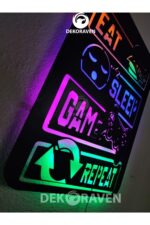 Gamer Led Işıklı Ahşap Tablo -eat Sleep Game Repeat 80x75 Cm (2 Metre Kablolu) - Görsel 5