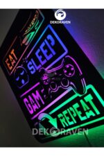 Gamer Led Işıklı Ahşap Tablo -eat Sleep Game Repeat 80x75 Cm (2 Metre Kablolu) - Görsel 6
