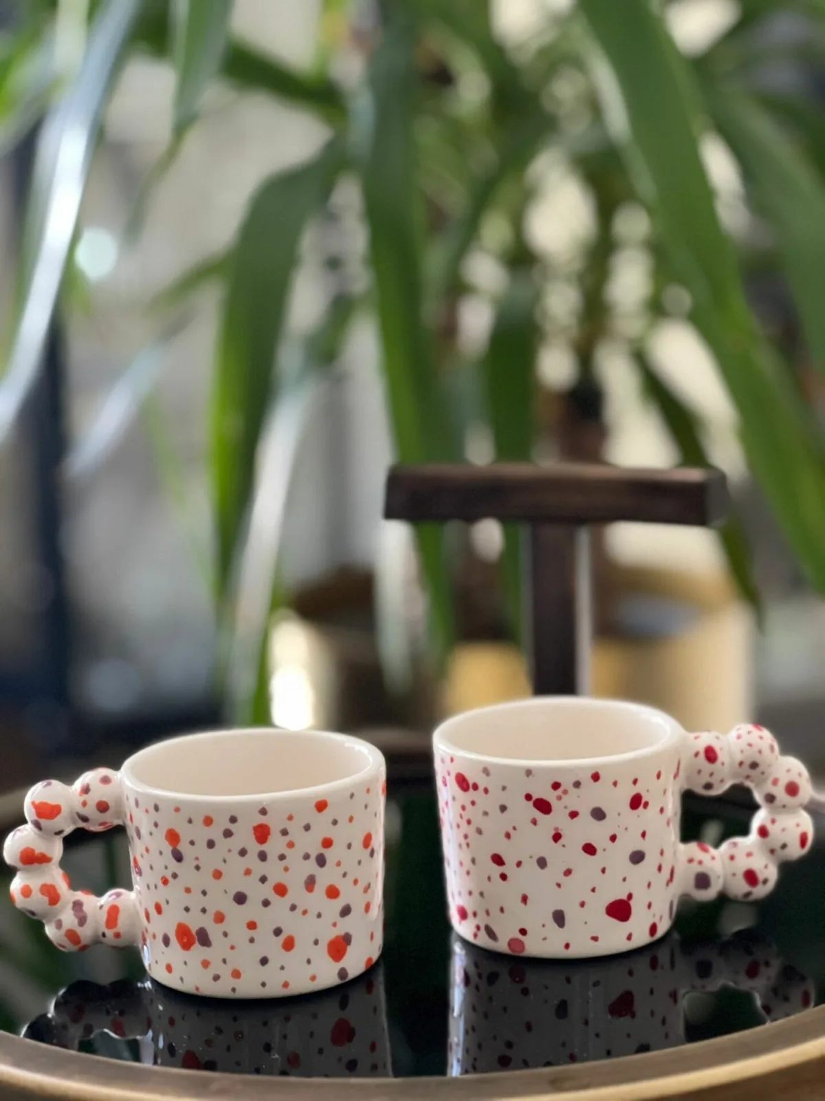 İkili Boncuk Kulp Rengarenk  Mug Fincan Kupa - Görsel 1
