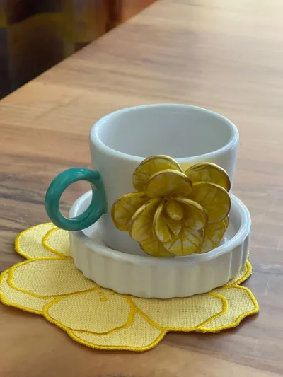 Sarı Güllü Fincan Mug Altlığı ile