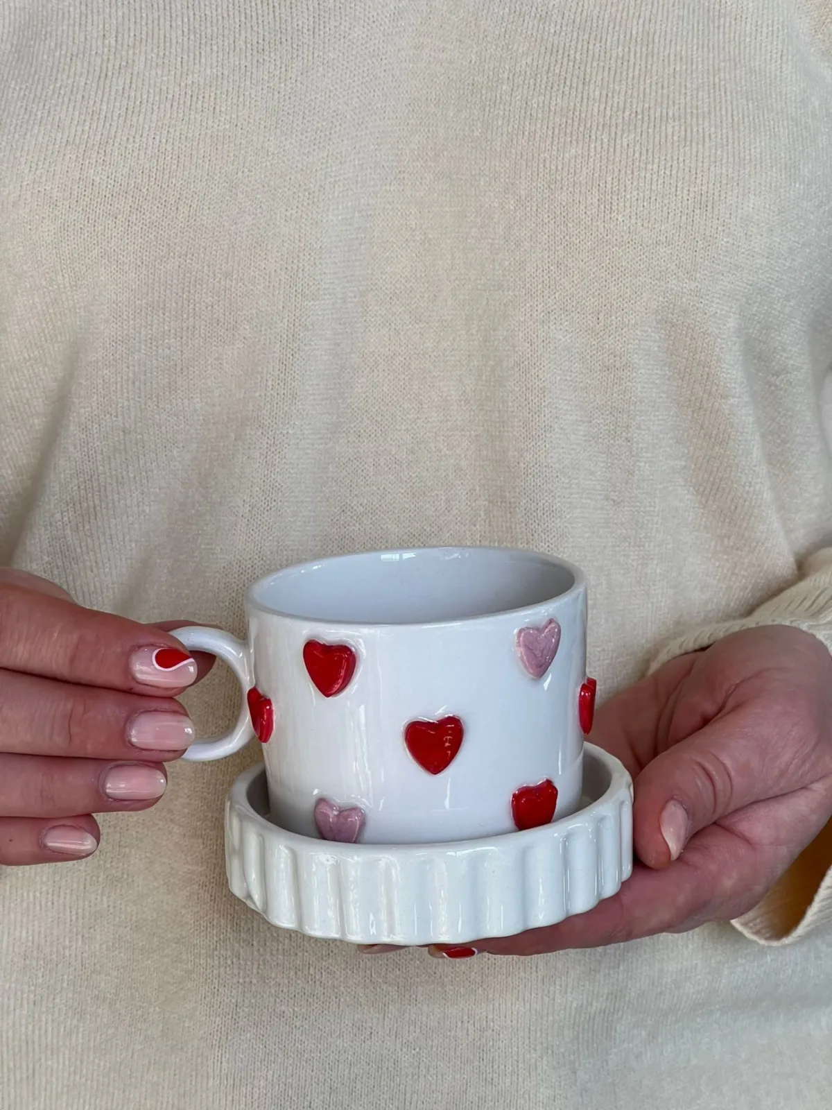 Meggdecor Pembe Kırmızı  Kalpli Kupa Mug - Görsel 2