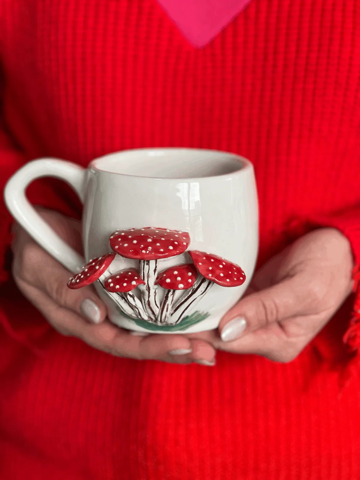 El Yapımı Büyük Boy 400ml Amanita Muscaria Mantar Kabartmalı kupa - Görsel 2