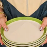 4 Adet Kalın Fıstık Yeşili Çizgili  21cm Pasta Tabağı