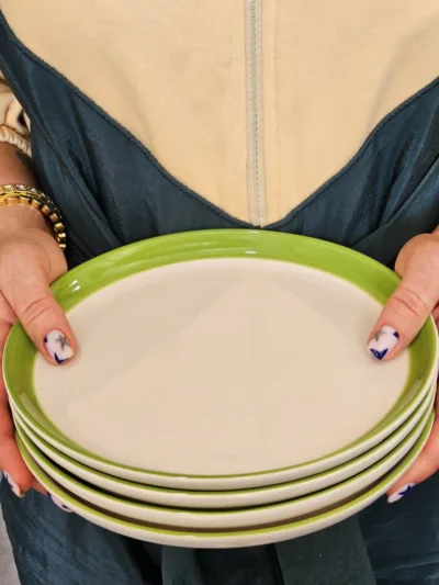 4 Adet Kalın Fıstık Yeşili Çizgili  21cm Pasta Tabağı