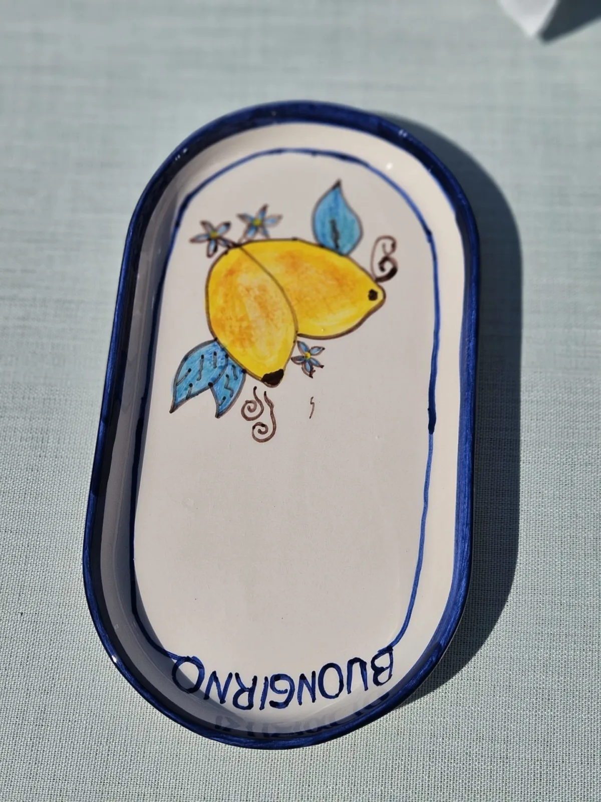1 Adet El Yapımı El Boyaması 23*13cm Seramik Kayık Tabak - Limon Desenli ''Buongiorno'' - Görsel 2