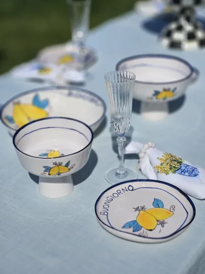 1 Adet El Yapımı El Boyaması 24cm Çapında Seramik Büyük Meyvelik - Limon Desenli ''Buongiorno''