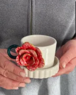 Kırmızı Güllü Fincan Mug Altlığı ile