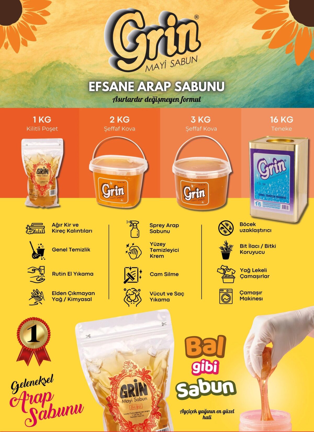 1 KG Jel Arap Sabunu | Grin Ayçiçek Yağlı Kokulu Jel Sabun | Deterjan Alternatifi Yüzey Temizleyici - Görsel 8