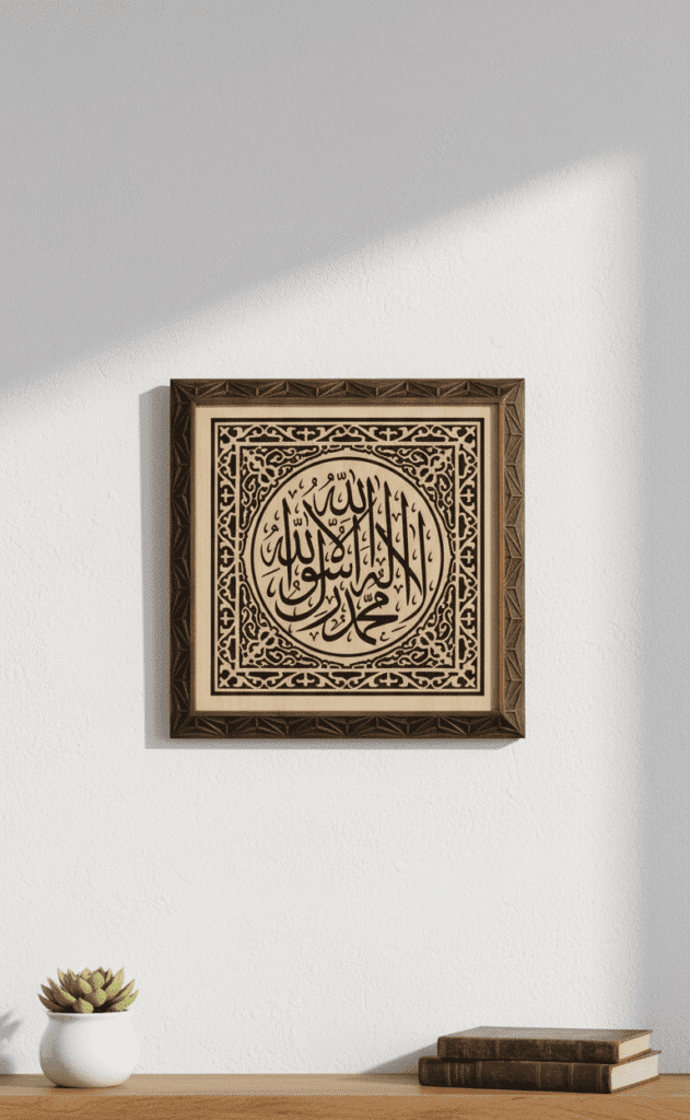 Ahşap Duvar Tablosu – İslami Kelime-i Tevhid Yazılı Duvar Dekorasyon
