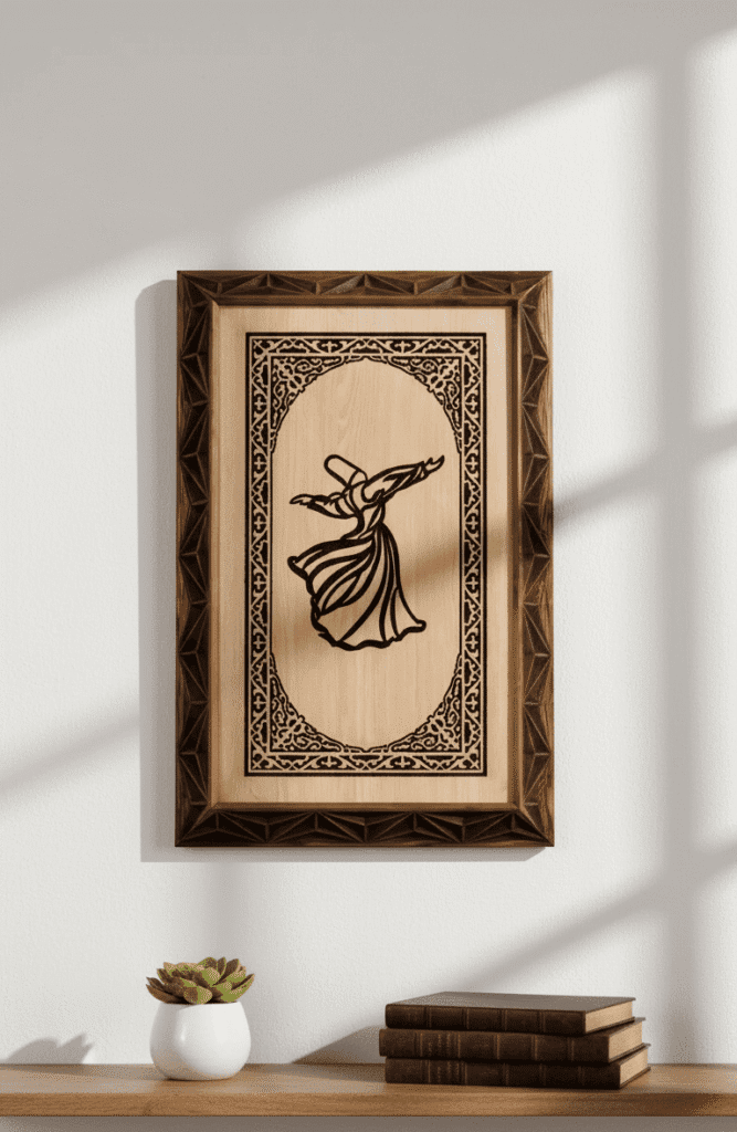 Duvar Dekoru – İslami Semazen Portre Çizimli Ahşap Duvar Tablosu